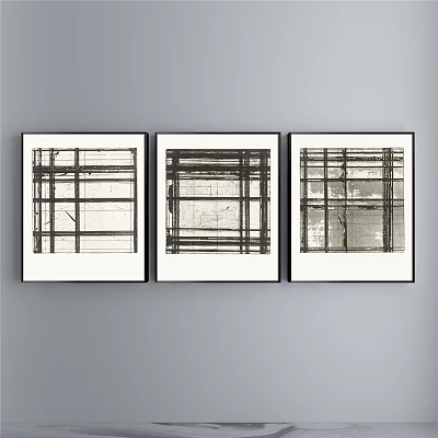 Three Modern Abstract Wall Artworks With Black Frames And Geometric Lines 3d model