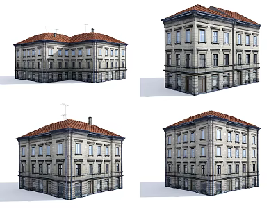 Detailed Building Model With Red Roof Stone Exterior And Multiple Windows From Various Angles 3d model