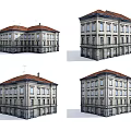 Detailed Building Model With Red Roof Stone Exterior And Multiple Windows From Various Angles
