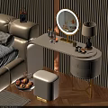 Elegant Modern Vanity Table With Gold Legs Round Mirror Table Lamp Drawers And Stool