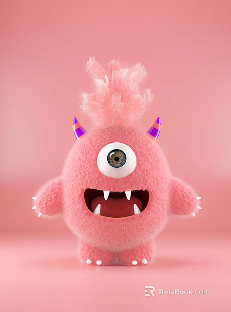 Cute Pink Plush Doll With One Eye Purple Horns And Sharp Teeth On Pink Background 3d model 
