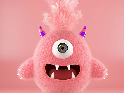 Cute Pink Plush Doll With One Eye Purple Horns And Sharp Teeth On Pink Background 3d model