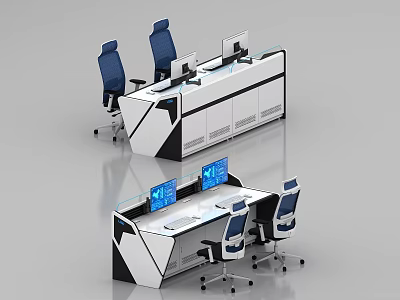 Modern Office Desk With Black And White Geometric Patterns Multiple Monitors And Blue Chairs 3d model