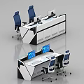 Modern Office Desk With Black And White Geometric Patterns Multiple Monitors And Blue Chairs