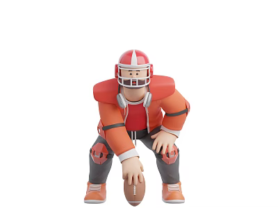 Game Character American Football Player In Red Orange Uniform Helmet Holding Football Crouching Stance 3d model
