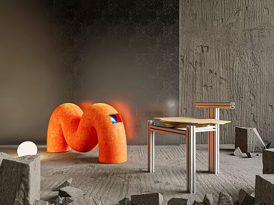 Modern Orange Curved Single Chair With Soft Plush Design And Gray Wall Setting 3d model
