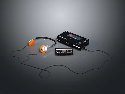 Portable Cassette Player And Headphones With Orange Earpads And Audio Cassette On Dark Background 3d model
