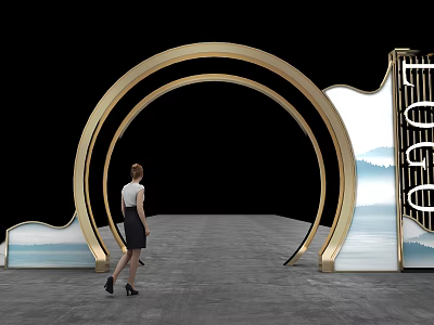Golden Door Arch With Circular Frames Decorative Design And Person Walking Through 3d model