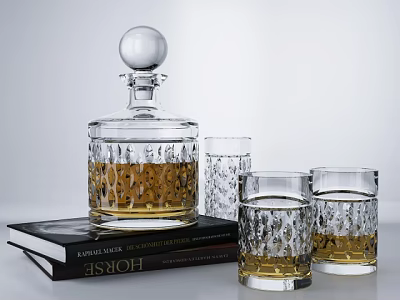 Crystal Glass Decanter And Glasses Filled With Amber Liquid On Stacked Books 3d model