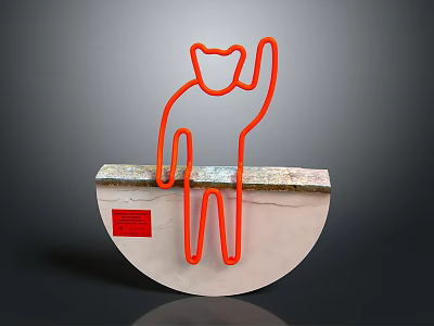 Red Line Cat Outline Ornament Decoration Set On Semicircular Marble Base 3d model