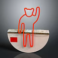 Red Line Cat Outline Ornament Decoration Set On Semicircular Marble Base