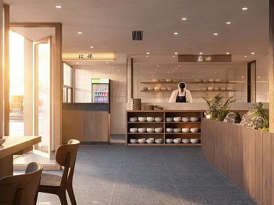 Sunlit Restaurant Interior With Open Layout Wooden Furniture Dish Shelves Chef And Plants 3d model