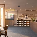 Sunlit Restaurant Interior With Open Layout Wooden Furniture Dish Shelves Chef And Plants
