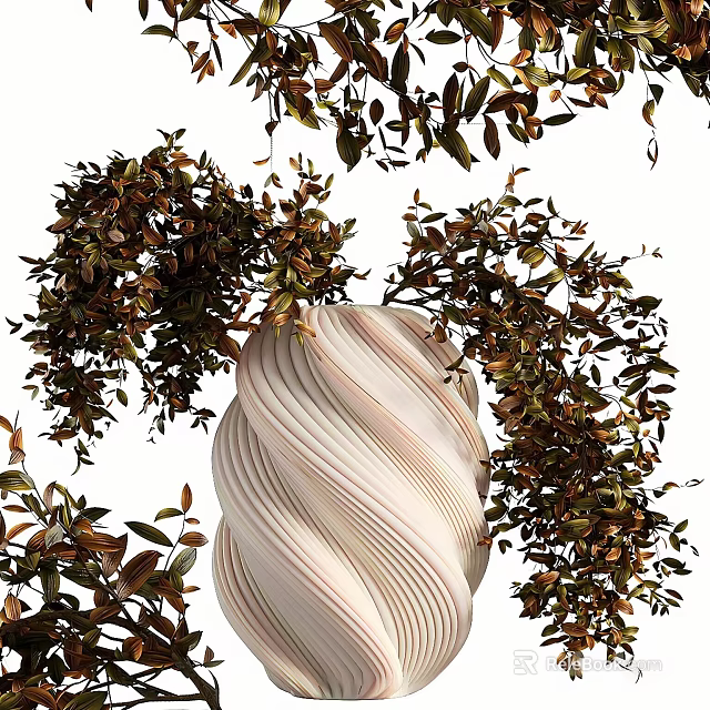 Decorative Ornament Set With Twisted Spiral Design And Green Brown Plant Leaves 3d model 