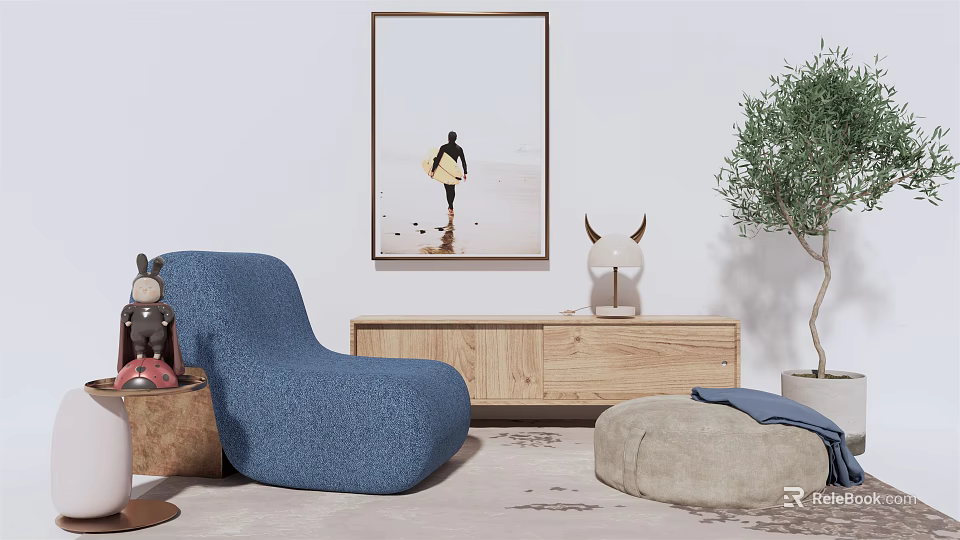 Cozy Blue Single Sofa Living Room with Beach Surfer Painting Wooden Cabinet and Green Plant 3d model 