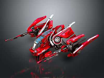 Red Sci Fi Mechanical Aircraft With Metallic Wings And Weapon Components Design 3d model