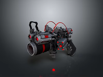 Futuristic Mechanical Weapon With Black Body Red Details And Barrel Design 3d model
