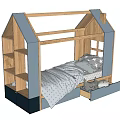 Kids House Shaped Wooden Bed with Gray Blue Frame Built in Shelves Drawers and Soft Bedding