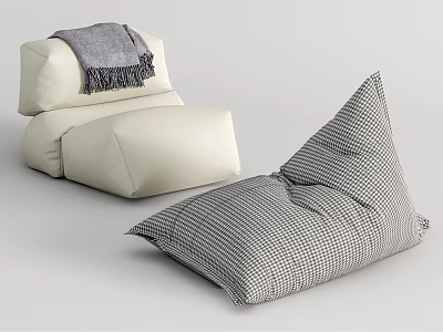 Two Bean Bag Chairs Off White With Gray Blanket And Black White Checkered 3d model