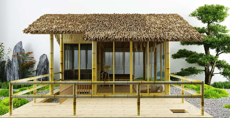 Courtyard Garden With Bamboo Pavilion Thatched Roof Wooden Deck And Stone Railing 3d model 