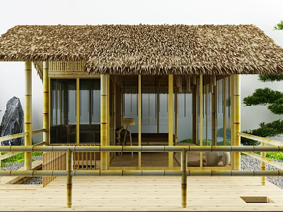 Courtyard Garden With Bamboo Pavilion Thatched Roof Wooden Deck And Stone Railing 3d model
