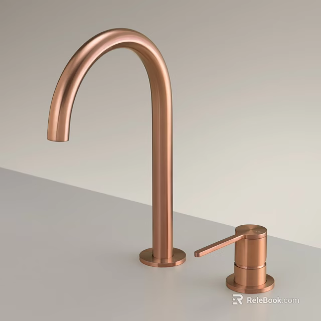 Modern Copper Faucet With Curved Tall Spout And Separate Handle On Light Gray Countertop 3d model 