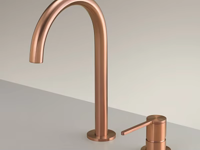 Modern Copper Faucet With Curved Tall Spout And Separate Handle On Light Gray Countertop 3d model