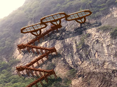 Rusty Steel Cantilever Stairway And Glass Viewing Platforms Mounted On Steep Rugged Mountain Cliffside 3d model
