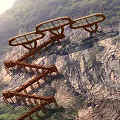Rusty Steel Cantilever Stairway And Glass Viewing Platforms Mounted On Steep Rugged Mountain Cliffside