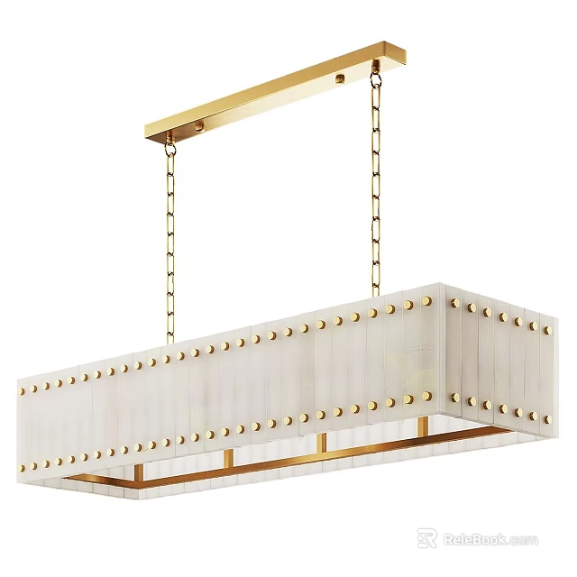 Elegant Modern Rectangular Chandelier With White Body Gold Rivets And Gold Hanging Chains 3d model