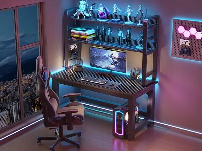 Modern Gaming Desk With Computer Monitor Action Figures RGB Lights And Gaming Chair 3d model