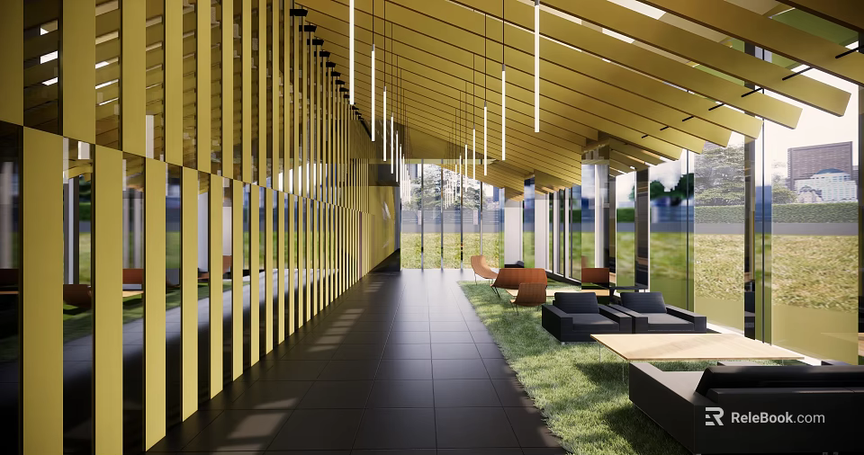 Elegant Modern Café Interior With Golden Vertical Stripes Glass Walls Outdoor Grass And Sofa Seats 3d model 