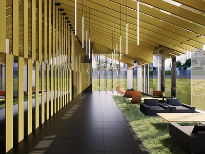 Elegant Modern Café Interior With Golden Vertical Stripes Glass Walls Outdoor Grass And Sofa Seats 3d model