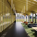 Elegant Modern Café Interior With Golden Vertical Stripes Glass Walls Outdoor Grass And Sofa Seats