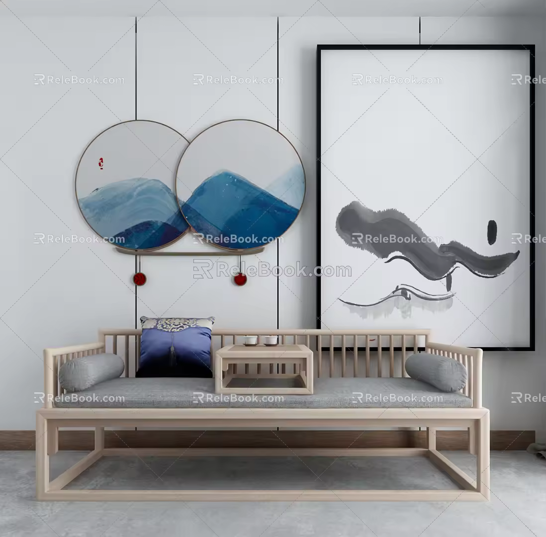 New Chinese-style Rohan Bed Sofa Coffee Table Combination 3d model