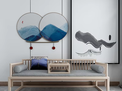 Arhat Bed Traditional Chinese Style Wooden Frame With Cushions And Round Ink Painting Decor 3d model