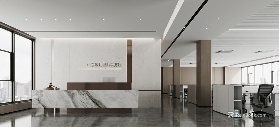 Modern Public Office Area With Marble Reception Desk White Walls And Wooden Pillars 3d model 