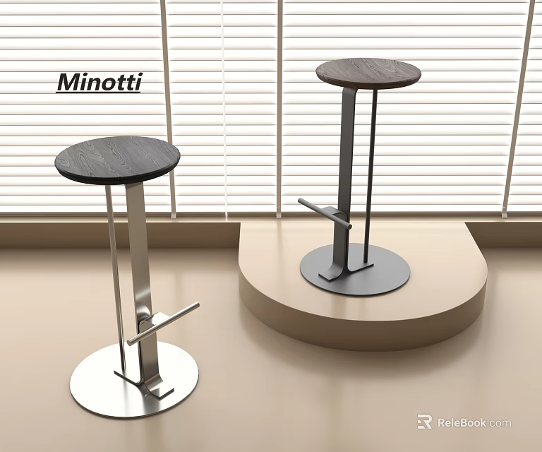 Minotti Modern Bar Stools With Round Wooden Tops And Metal Bases 3d model 