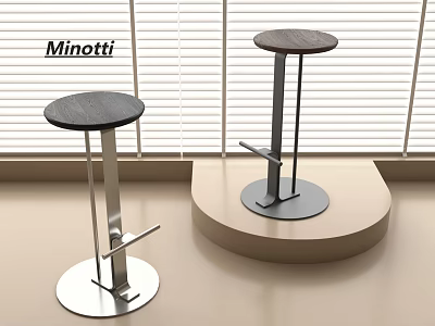 Minotti Modern Bar Stools With Round Wooden Tops And Metal Bases 3d model