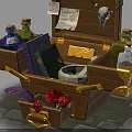 Wooden Chest Filled With Potion Bottles Books Scroll Skull Mortar And Pestle Mushrooms