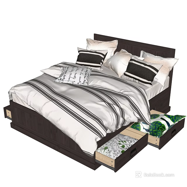 Double Bed with Dark Headboard Striped Bedding and Decorative Pillows Featuring Storage Drawers 3d model