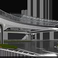 Modern Pedestrian Bridge Design With Tall Buildings Greenery And Cars Under Blue Sky