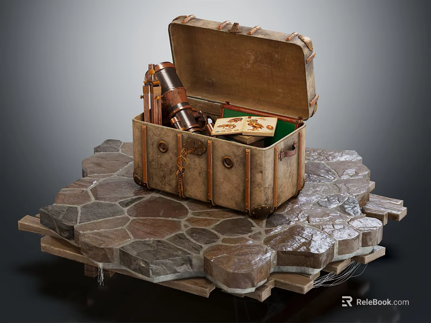 Vintage Open Wooden Box Containing Antique Telescope And Map On Stone Platform 3d model 