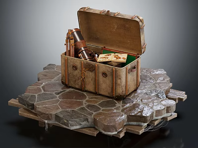 Vintage Open Wooden Box Containing Antique Telescope And Map On Stone Platform 3d model