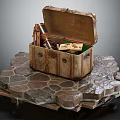 Vintage Open Wooden Box Containing Antique Telescope And Map On Stone Platform