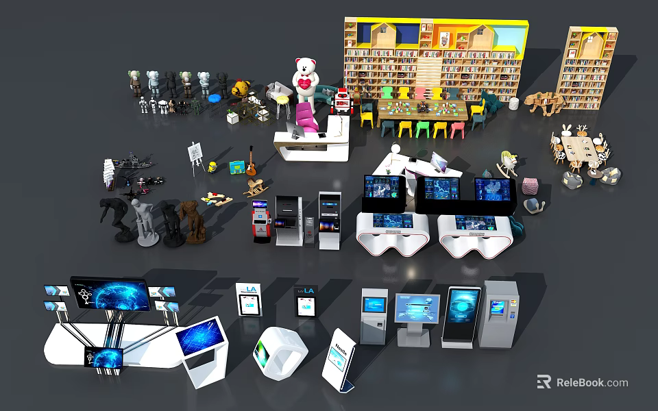 Public Facilities With Bookshelves Tables Chairs Self Service Terminals And Digital Displays 3d model 