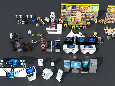 Public Facilities With Bookshelves Tables Chairs Self Service Terminals And Digital Displays 3d model