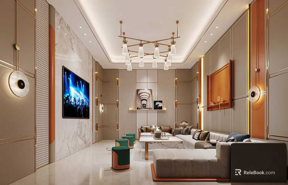 Modern KTV Interior Design With Sofa TV Chandelier And Decorative Wall 3d model 