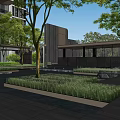 Modern Building Facade With Symmetric Entrance Glass Door Green Plant And Stone Walls