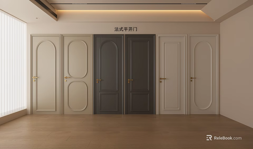 French Style Hinged Doors in Interior Display with Various Colors and Golden Handles 3d model 